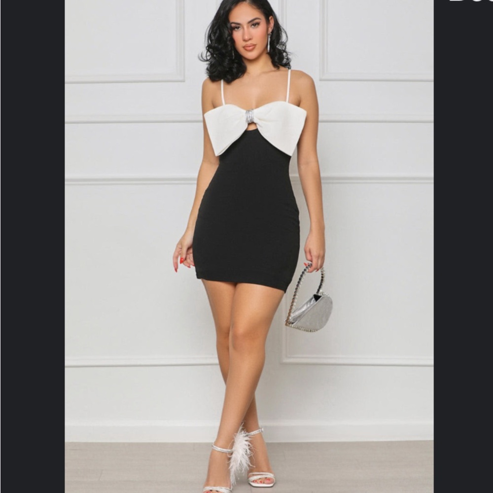 Elegant Black and White Bow Dress